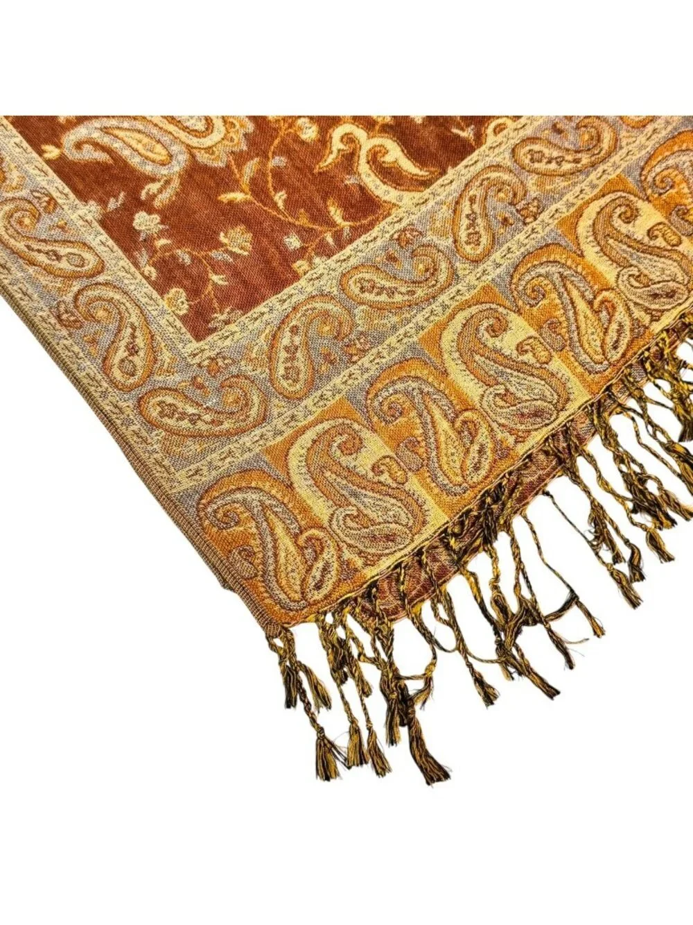 New Large Paisley Scarf Wrap Pashmina Brown Cream Fringe Classic